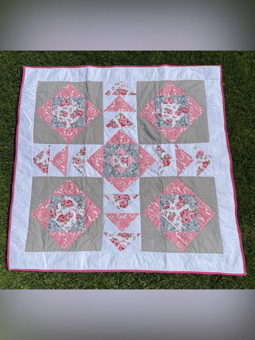 Vintage-Inspired Cozy “Avery Rose Quilt Baby or Throw Blanket In Pinks and Gray